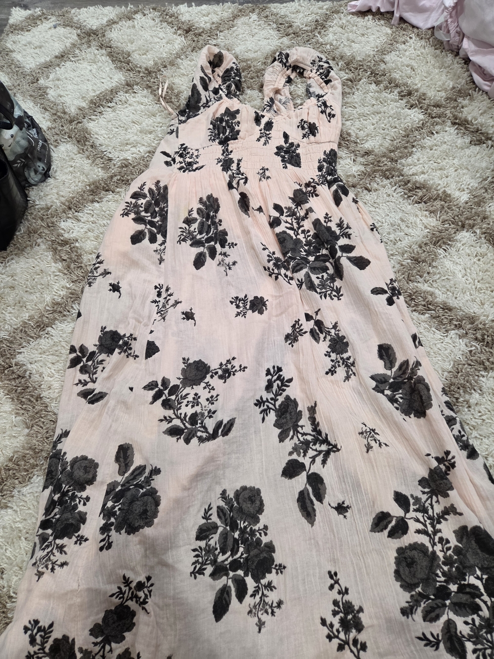 Free People blush/cream Maxi w/ Black Floral. gorgeous gauze material. L/XL.